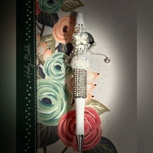 Elegant Silver and White Pen with Butterfly Accent